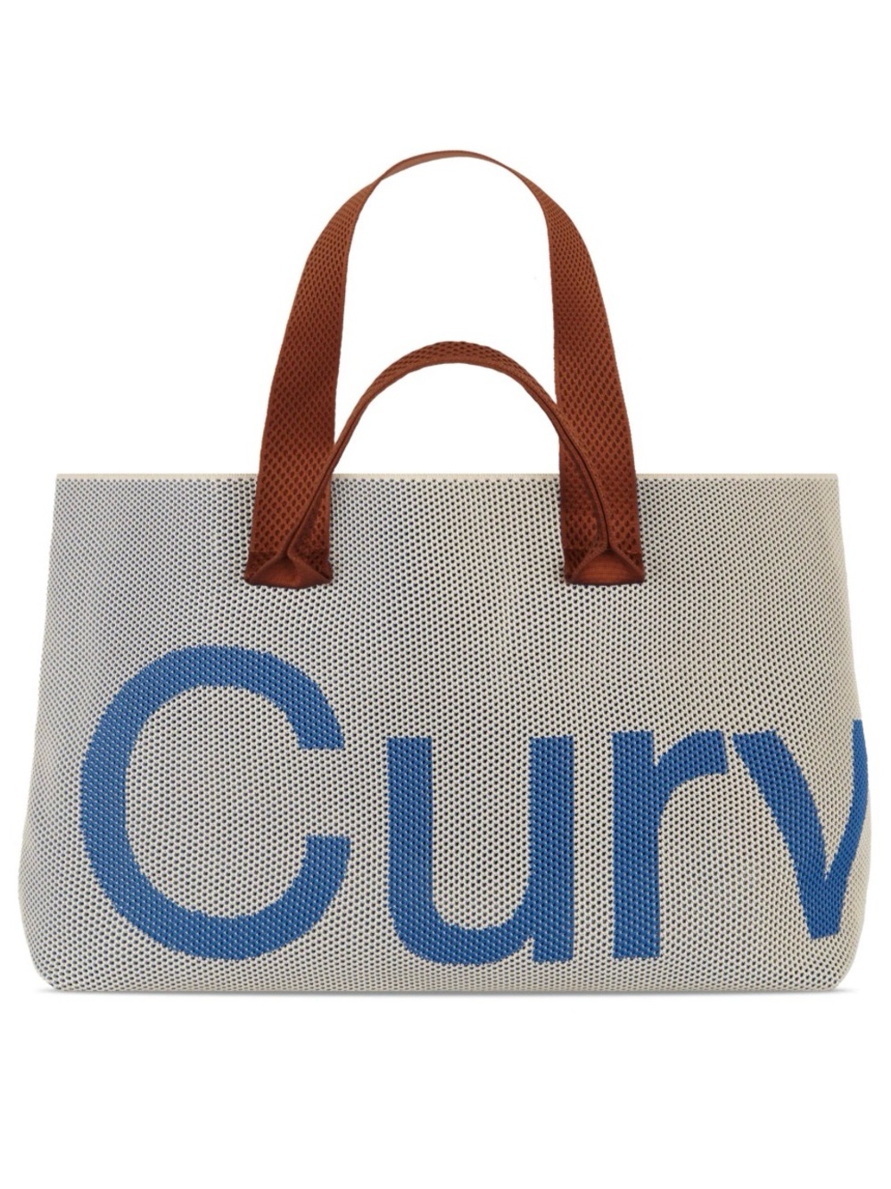 Curves Perforated Knit Tote Blue Logo Canvas Tote with Brown Handles